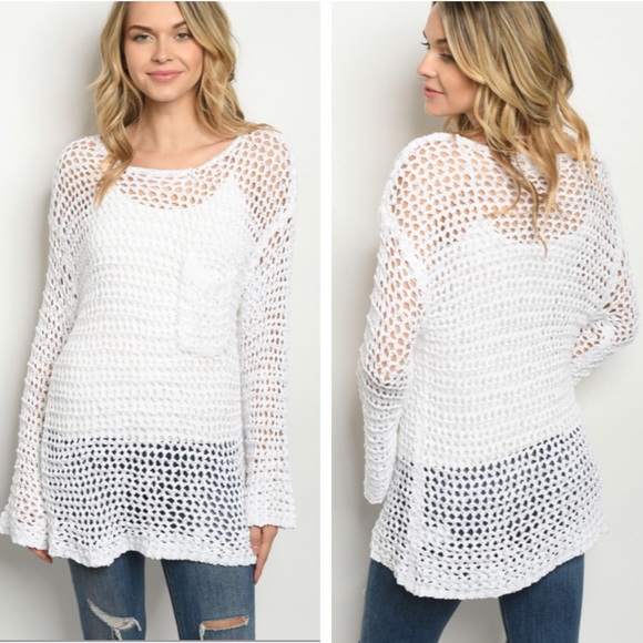 Sweaters - White Open Weave, Bell Sleeve Sweater